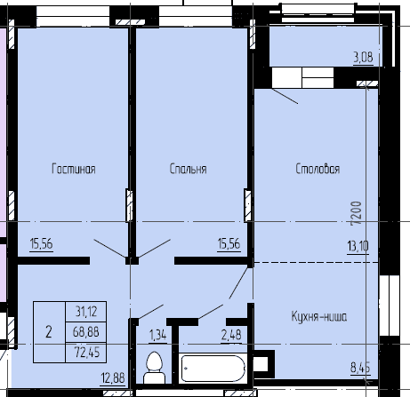 2 комн., 70.91 м²