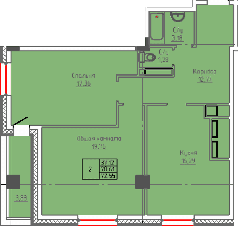 2 комн., 72.55 м²