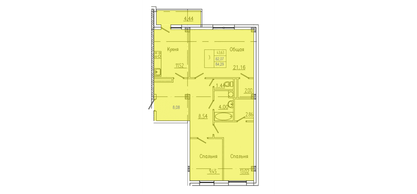 3 комн., 84.29 м²