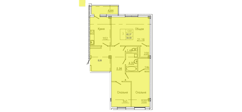 3 комн., 84.59 м²