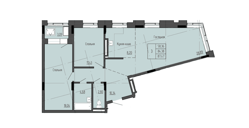 3 комн., 87.47 м²