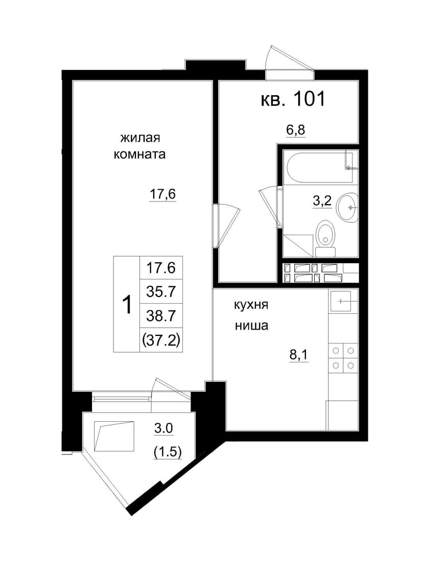 1 комн., 37.20 м²