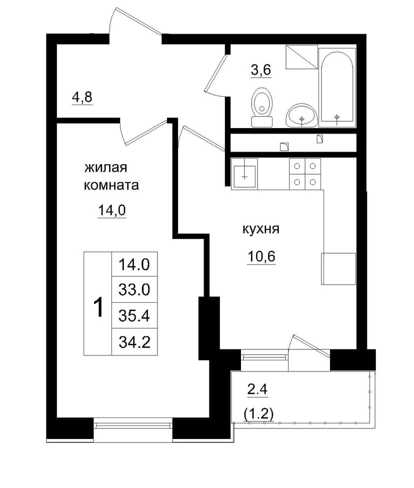 1 комн., 34.20 м²