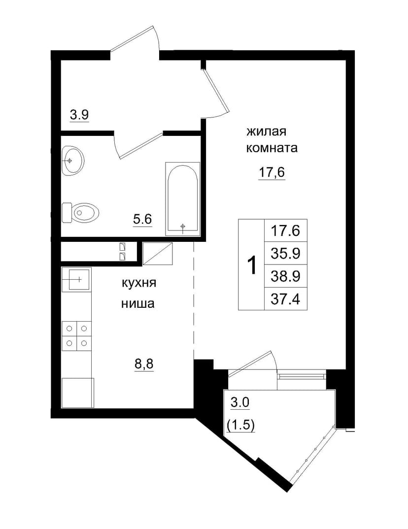 1 комн., 37.40 м²