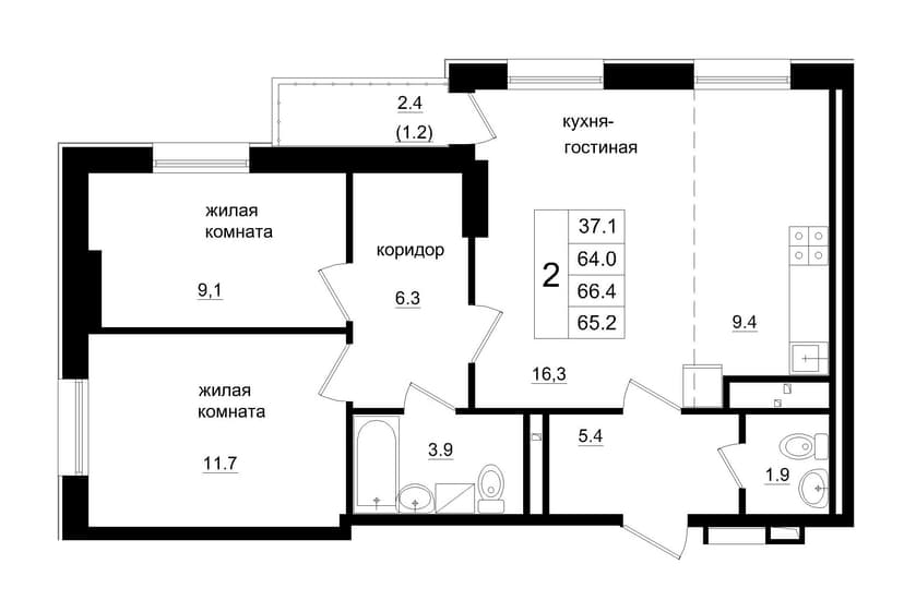 3 комн., 65.20 м²