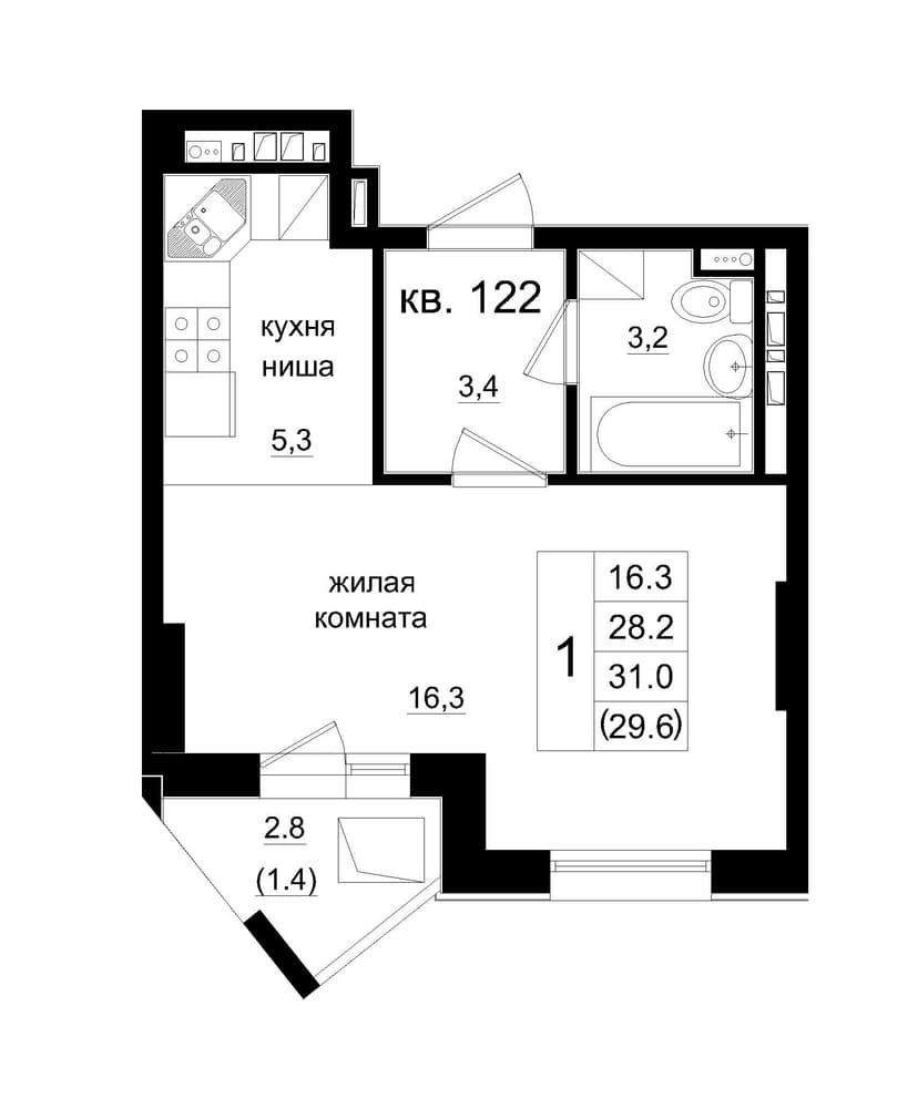 1 комн., 29.60 м²