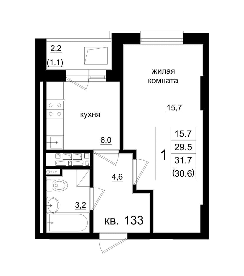 1 комн., 30.60 м²