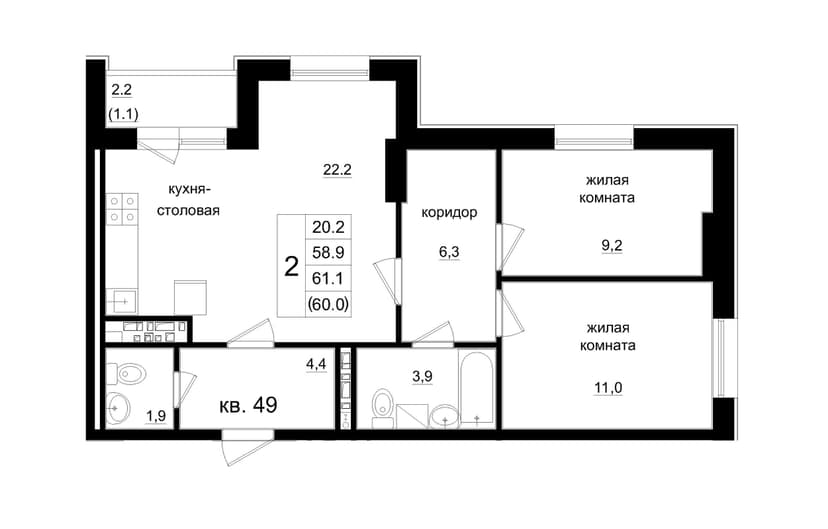 3 комн., 60.00 м²