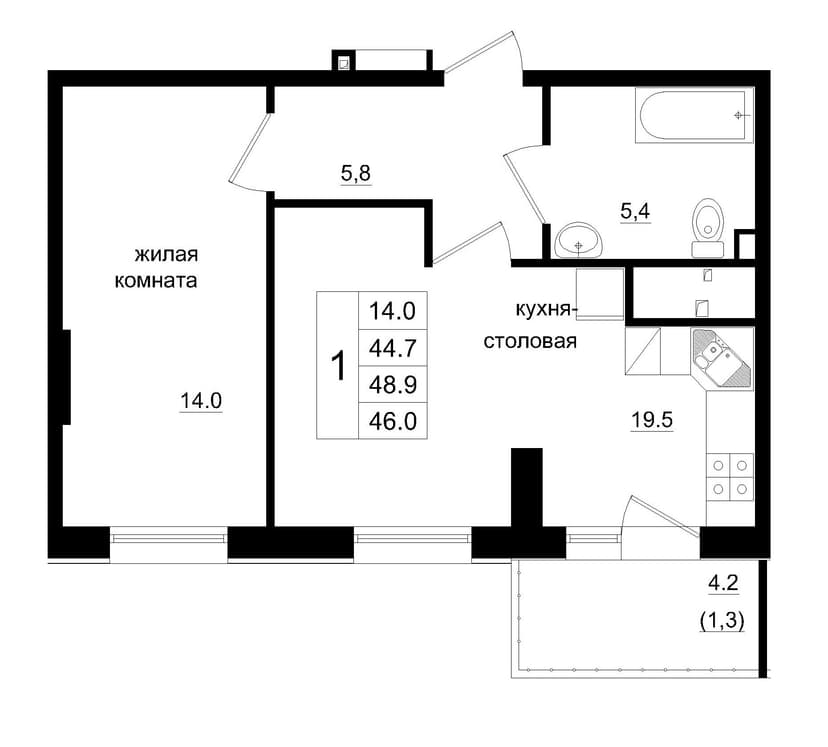 2 комн., 46.00 м²