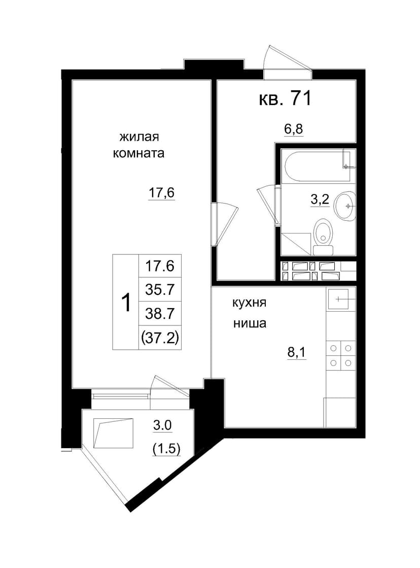 1 комн., 37.20 м²