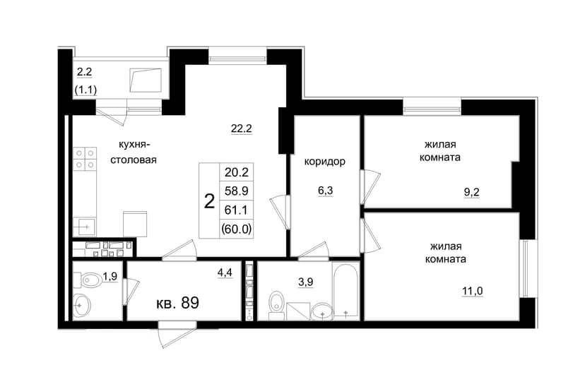 3 комн., 60.00 м²