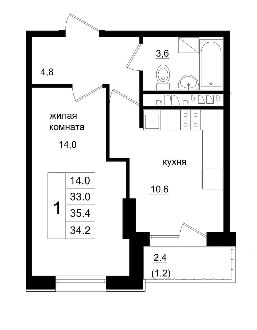 1 комн., 34.20 м²