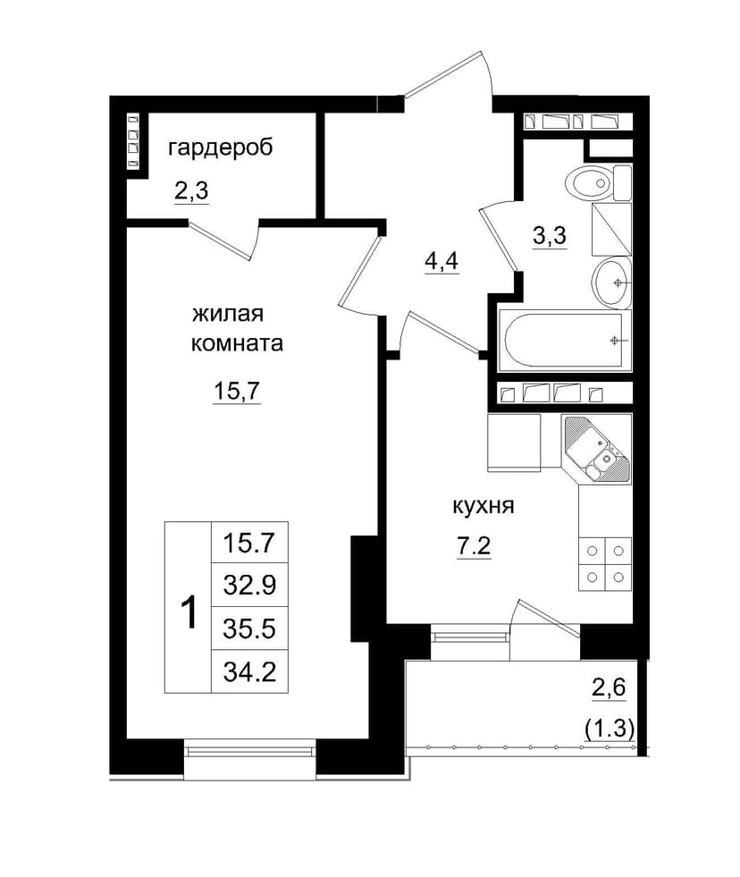 1 комн., 34.20 м²