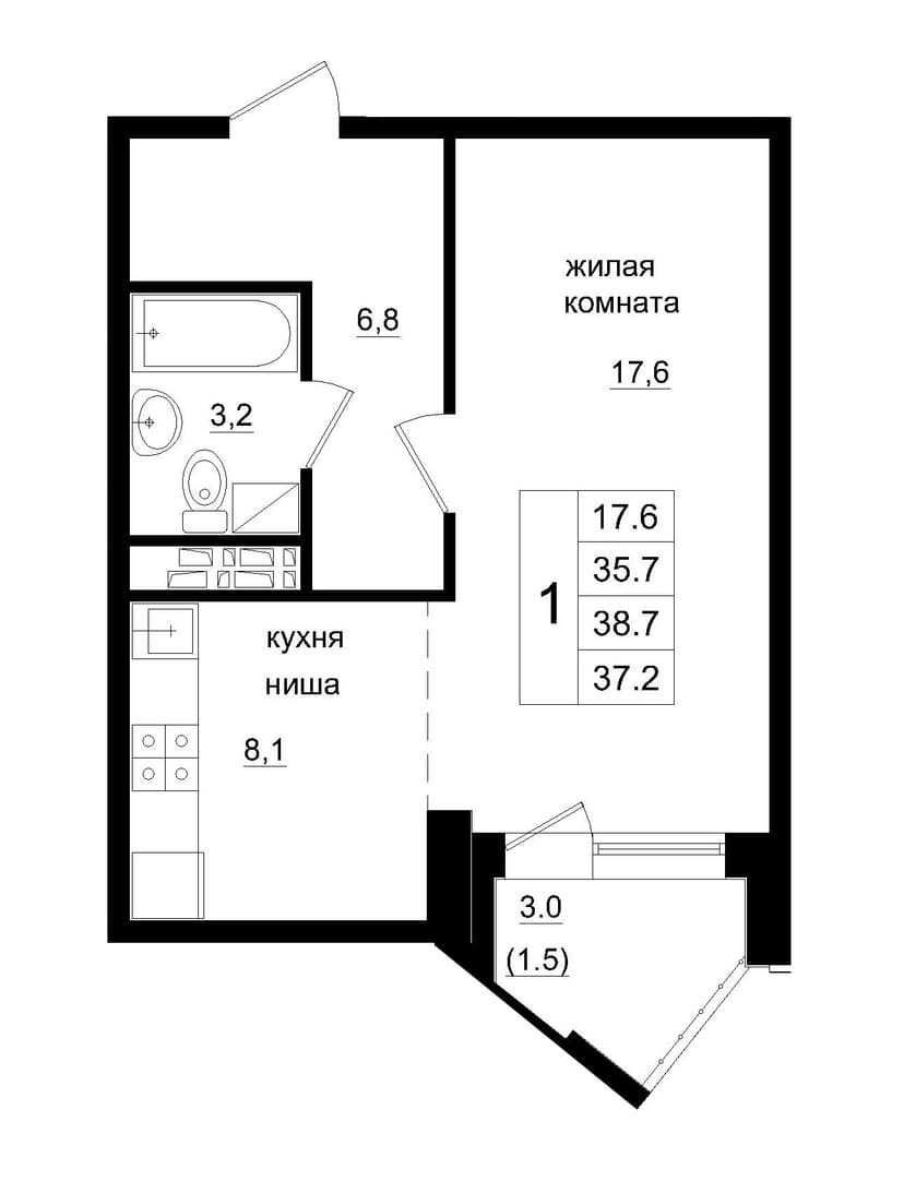 1 комн., 37.20 м²