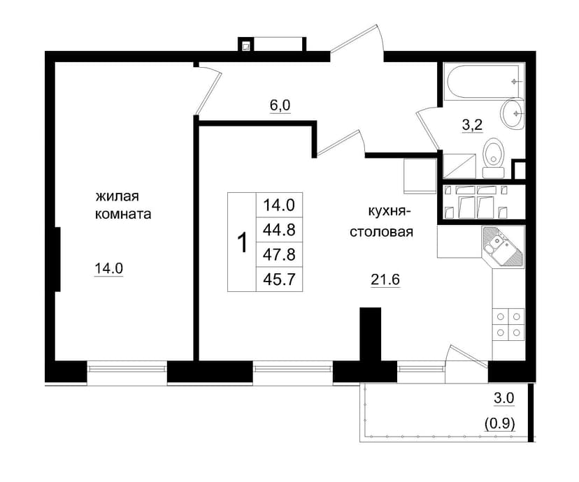 2 комн., 45.70 м²