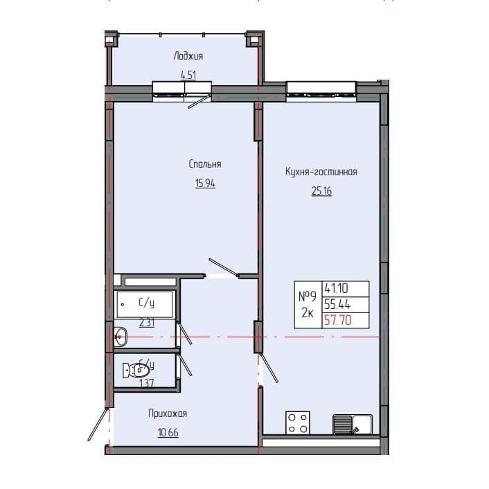 2 комн., 57.70 м²
