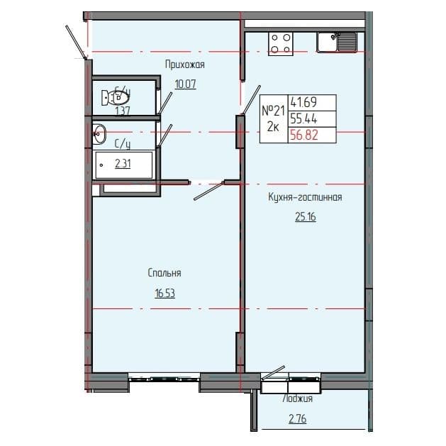2 комн., 56.82 м²