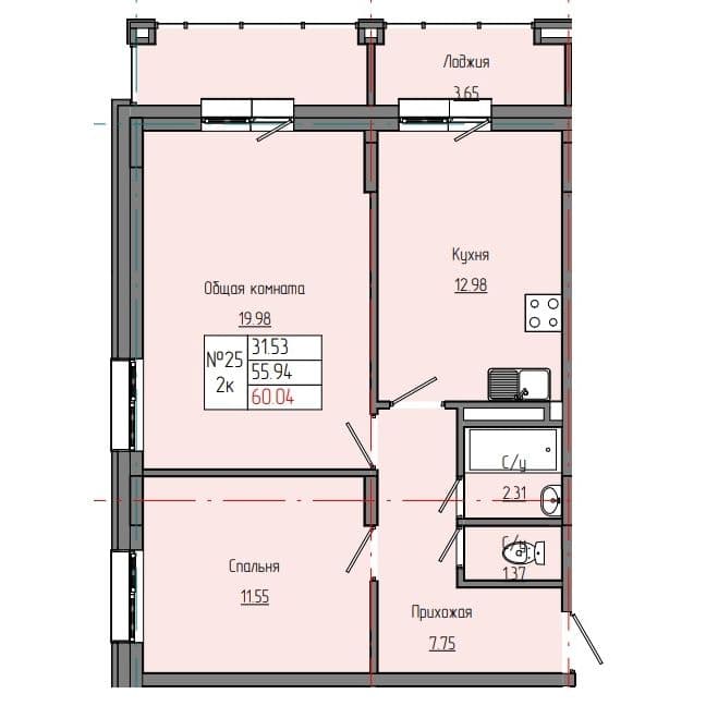 2 комн., 60.04 м²