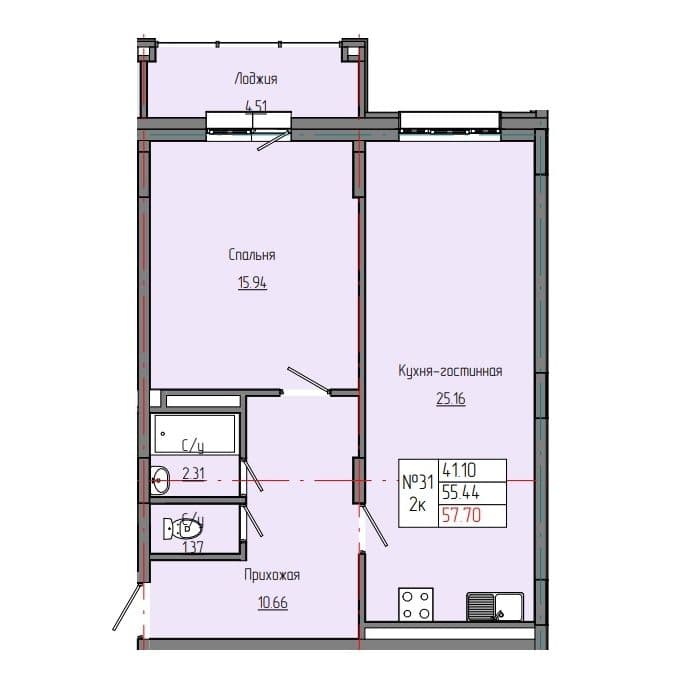 2 комн., 57.70 м²