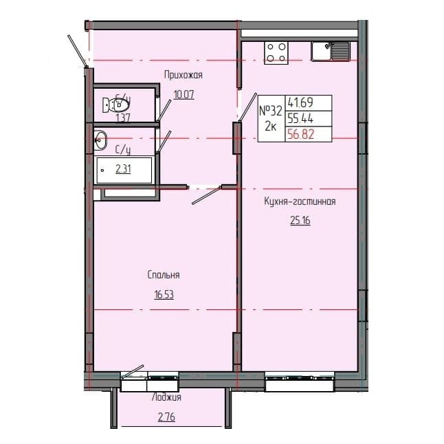 2 комн., 56.82 м²