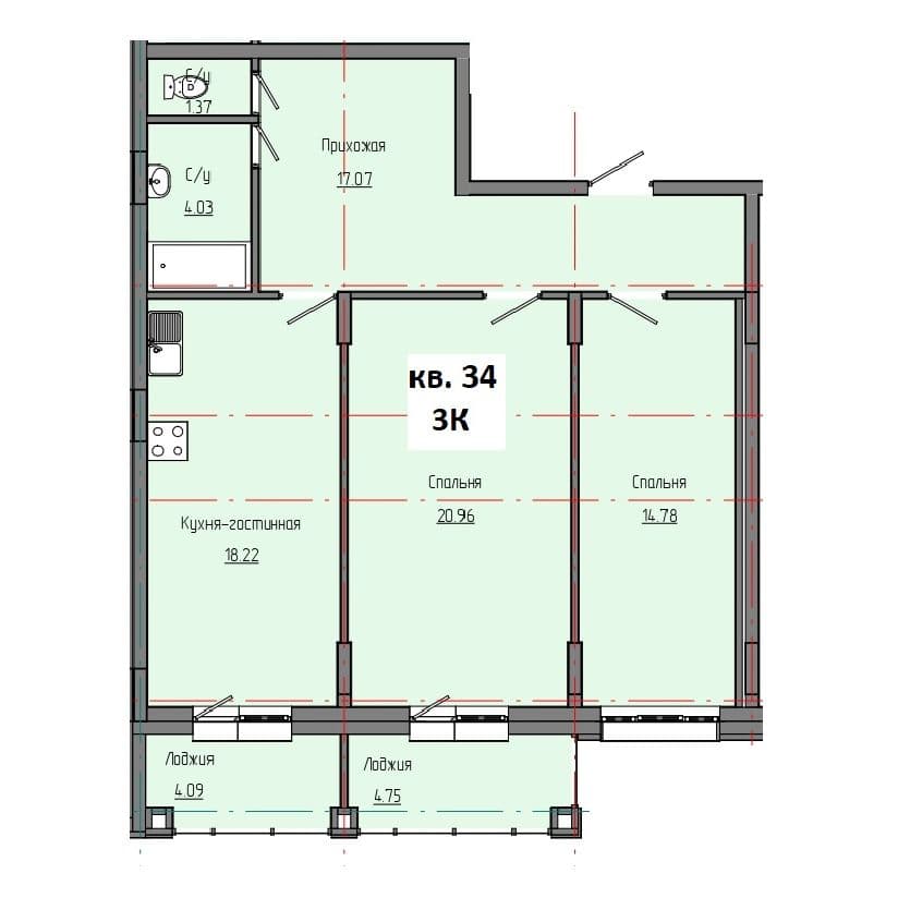 3 комн., 80.86 м²