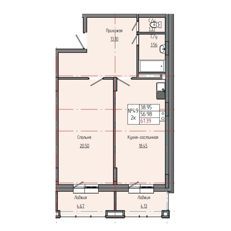 2 комн., 61.39 м²