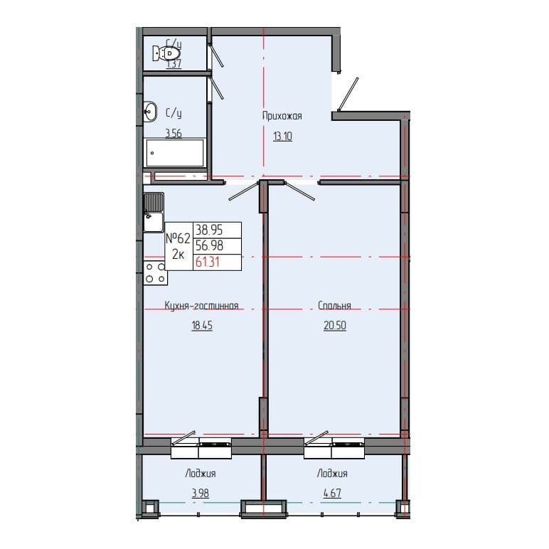 2 комн., 61.31 м²
