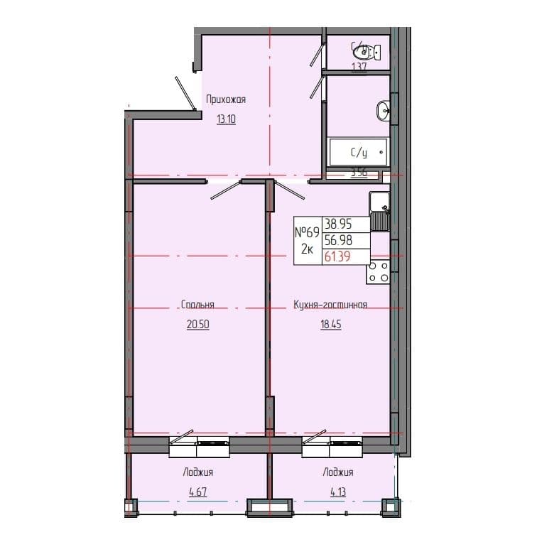 2 комн., 61.39 м²