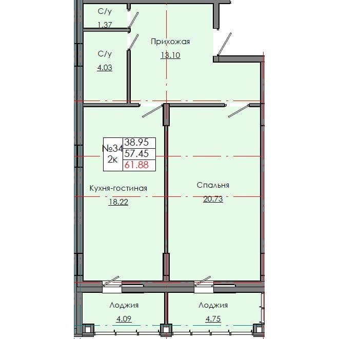 2 комн., 61.88 м²