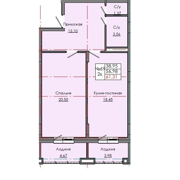 2 комн., 61.31 м²