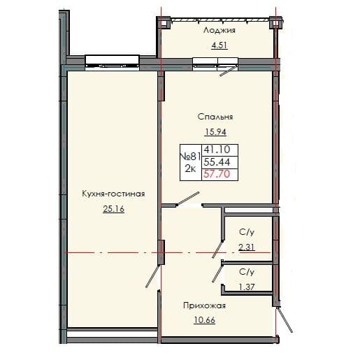 2 комн., 57.70 м²