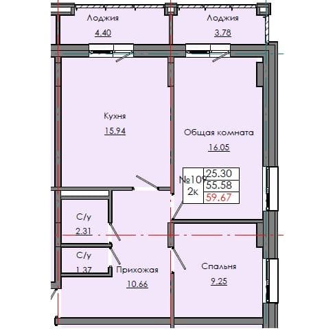 2 комн., 59.67 м²