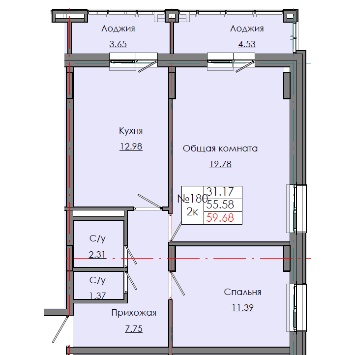 2 комн., 55.70 м²