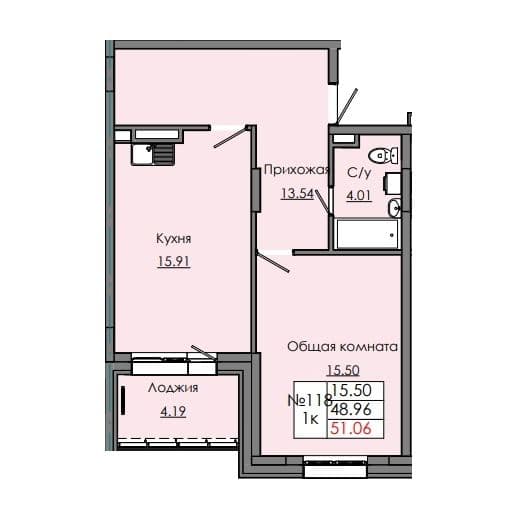 1 комн., 51.06 м²