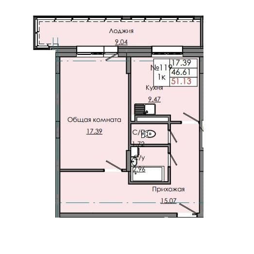 1 комн., 51.13 м²