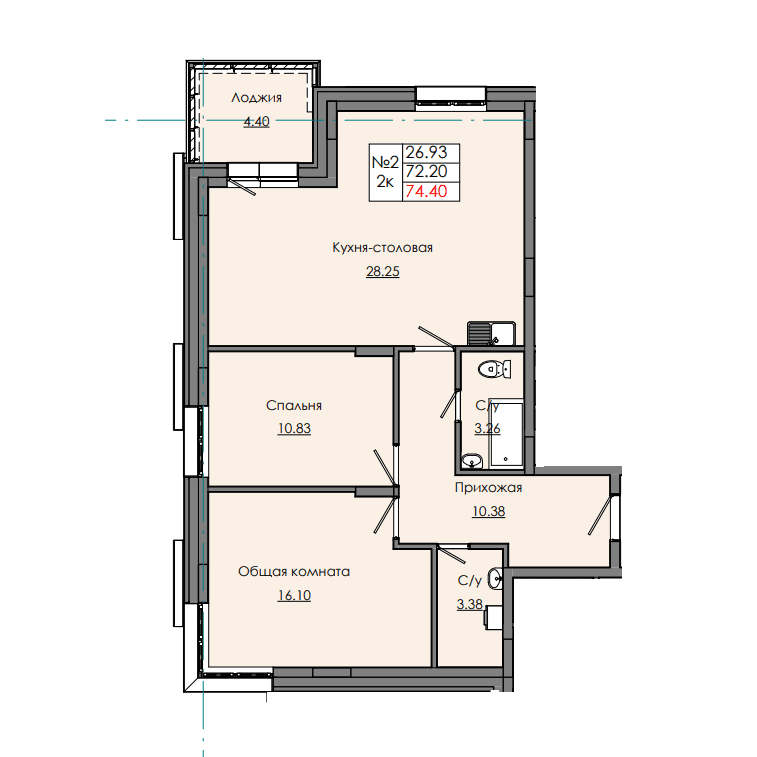 2 комн., 74.40 м²