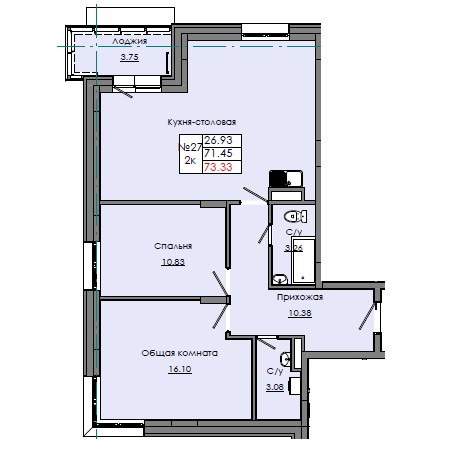 2 комн., 73.33 м²