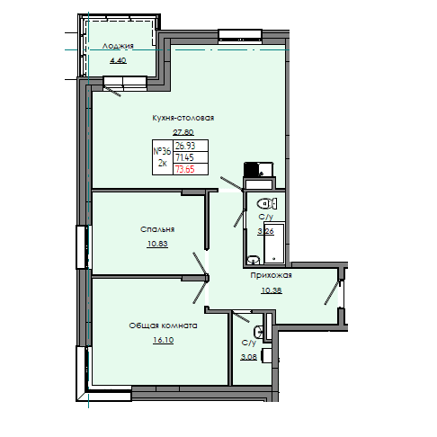 2 комн., 73.65 м²