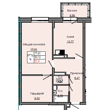 1 комн., 51.11 м²