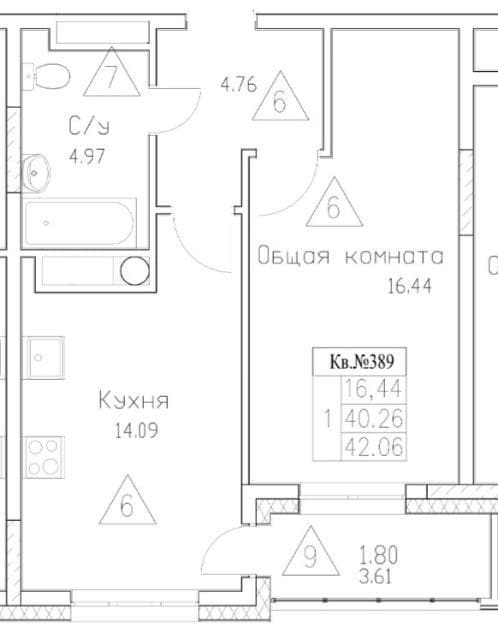 1 комн., 42 м², Монолитно-каркасный, Пригородный