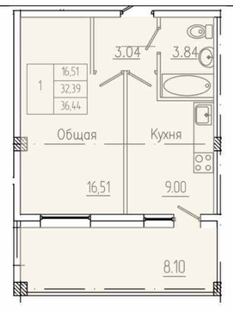 1 комн., 36 м², Монолитно-каркасный