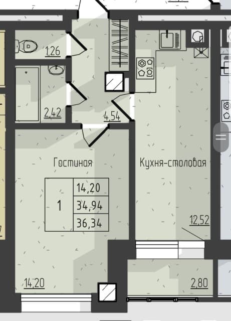 1 комн., 38 м², Монолитно-каркасный, Вавилон
