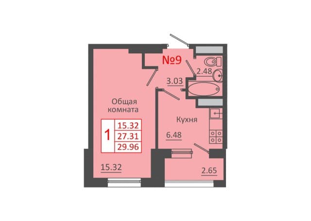 1 комн., 30 м², Монолитно-каркасный, Глазная больница 5