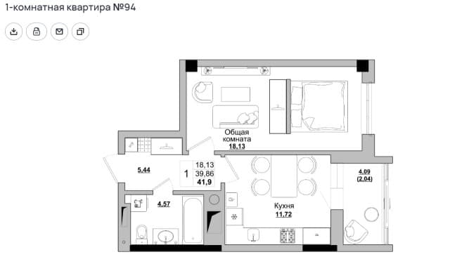 1 комн., 42 м², Монолитно-каркасный, Прометей, ЖК 6