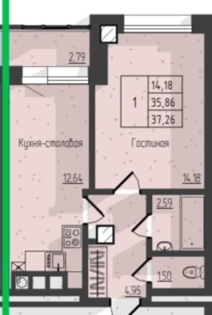 1 комн., 37 м², Монолитно-каркасный, Вавилон 2