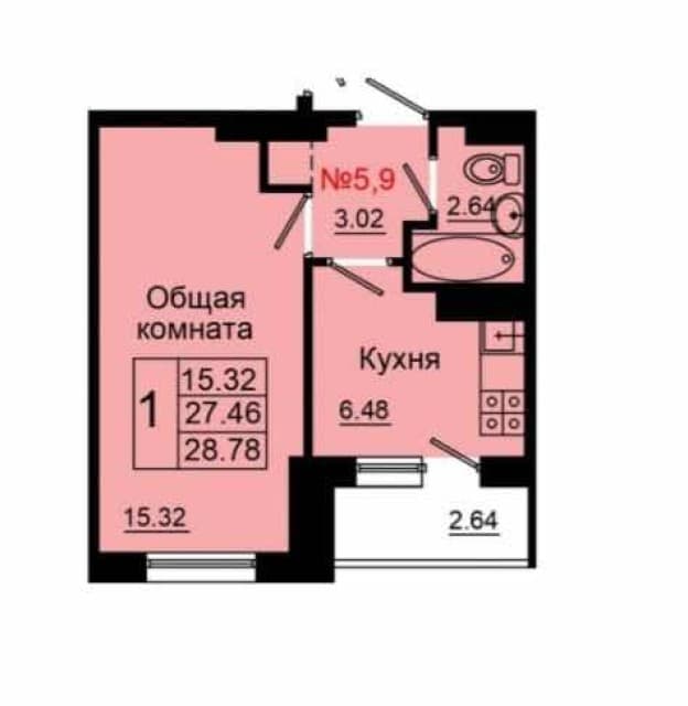1 комн., 30 м², Монолитно-каркасный, ЯКСМК