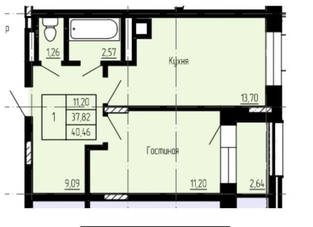 1 комн., 40 м², Инд. планировка, 16 квартал