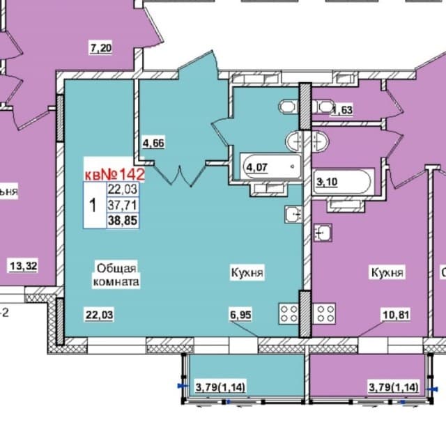 1 комн., 38 м², Инд. планировка, Рынок Столичный