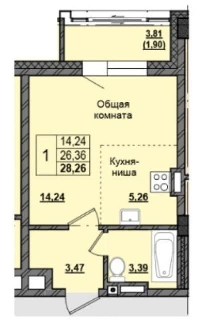 1 комн., 33 м², Инд. планировка, Автодорожная 3