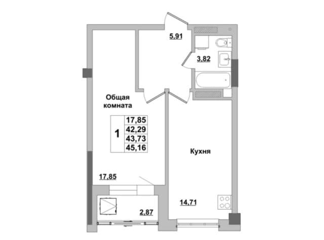 1 комн., 43 м², Монолитно-каркасный, Автодорожная 8